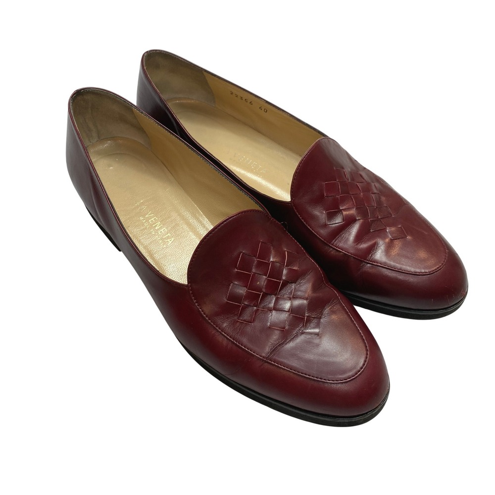 Bottega Veneta Loafers Womens 40 Burgundy 22356 Intrecciato Woven Leather Flat